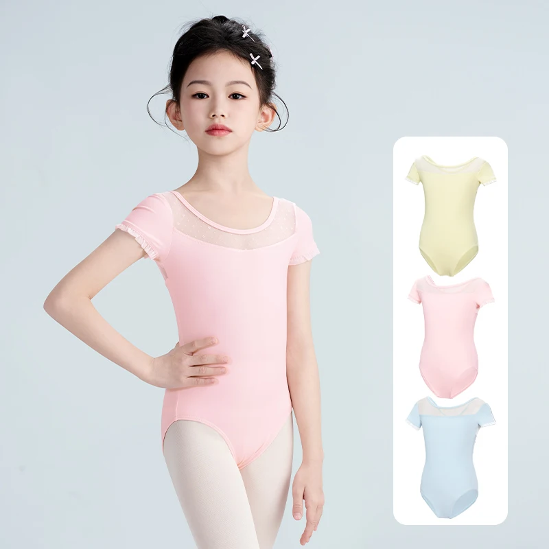 Mädchen Kinder Ballett Trikots Mesh Splice Ballett Tanz Body Nylon Kurzen Ärmeln Gymnastic Trikots Teen Dance Zoll