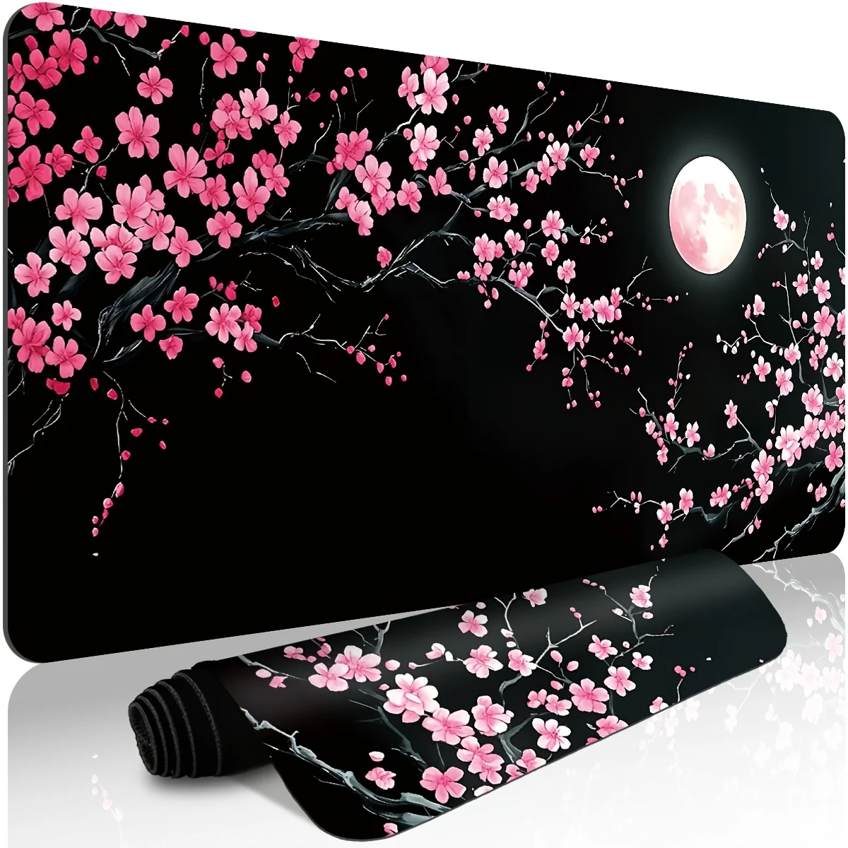 1PC Oversized Mouse Pad 1PC Rubber Base XXL Mousepad 1 cute pink plum blossom gaming mouse and keyboard pad with moonlight