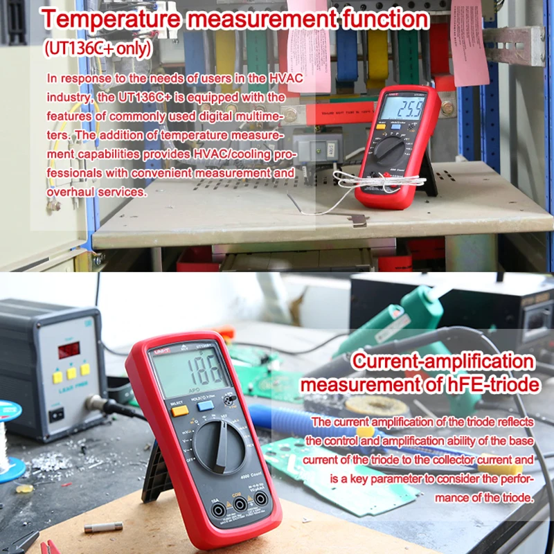 UNI-T Digitale Multimeters UT136B+ UT136C+ DC AC Stroom Spanningsmeter 4000 Count Display Multi Tester Transistor Tester