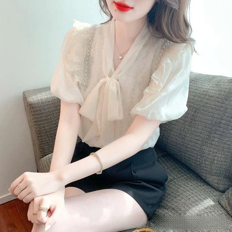 

Women's Summer New Puff Sve Lace irt V-ne French Tie Pure Color Commute Sle ort Sve Polyester Fiber 00%