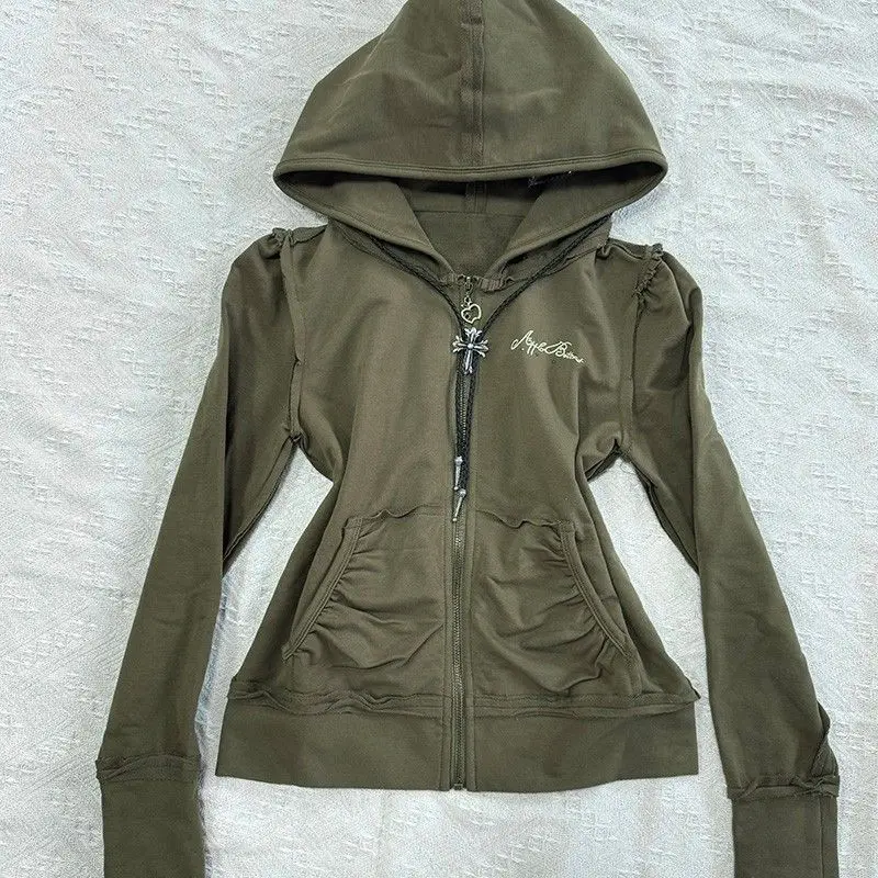 女性用長袖ジッパーパーカー,スリムプリントパンクジャケット,ヴィンテージスウェットシャツ,アメリカン原宿トップス,y2k服,2000