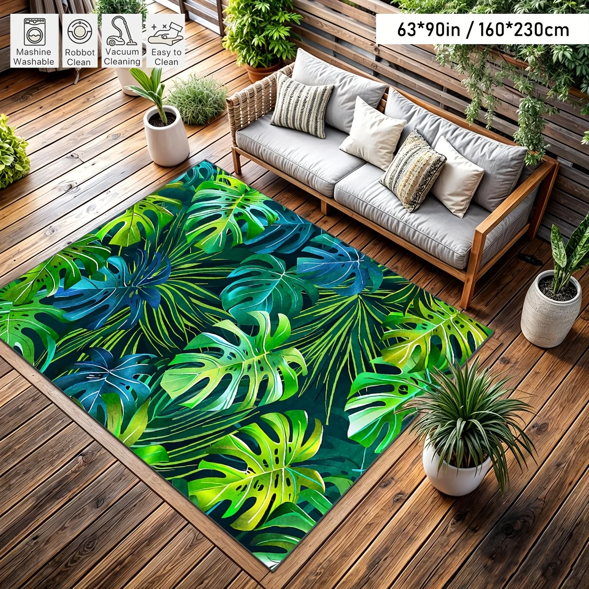Tropical Monstera Leaf Printed Area Rug, Indoor‑Outdoor Washable Easy‑Clean Floor Mat for Garden, Patio, Living Room, Balcony view 2