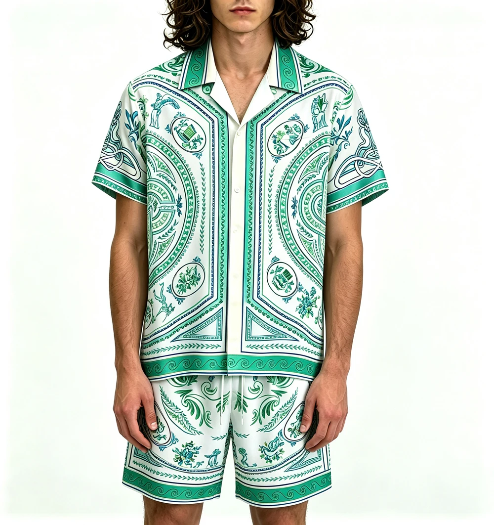 2026 Men's Lightweight Short-Sleeve Short Pants 2-Piece Set with Fun Pattern Symmetrical Print Shirt Festivals Parties Apparel