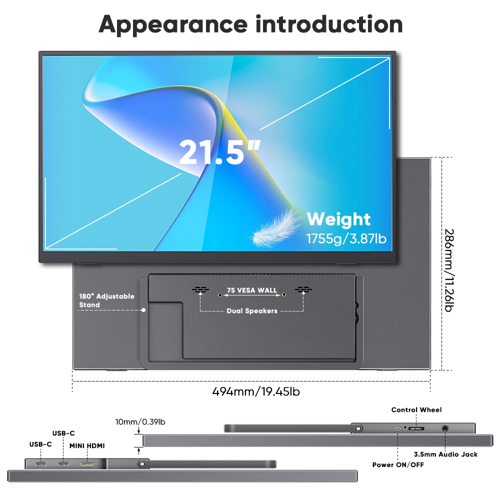 21.5-inch Full HD 1080P LED computer monitor with a 60Hz refresh rate, frameless HD 75x75mm adjustable tilt