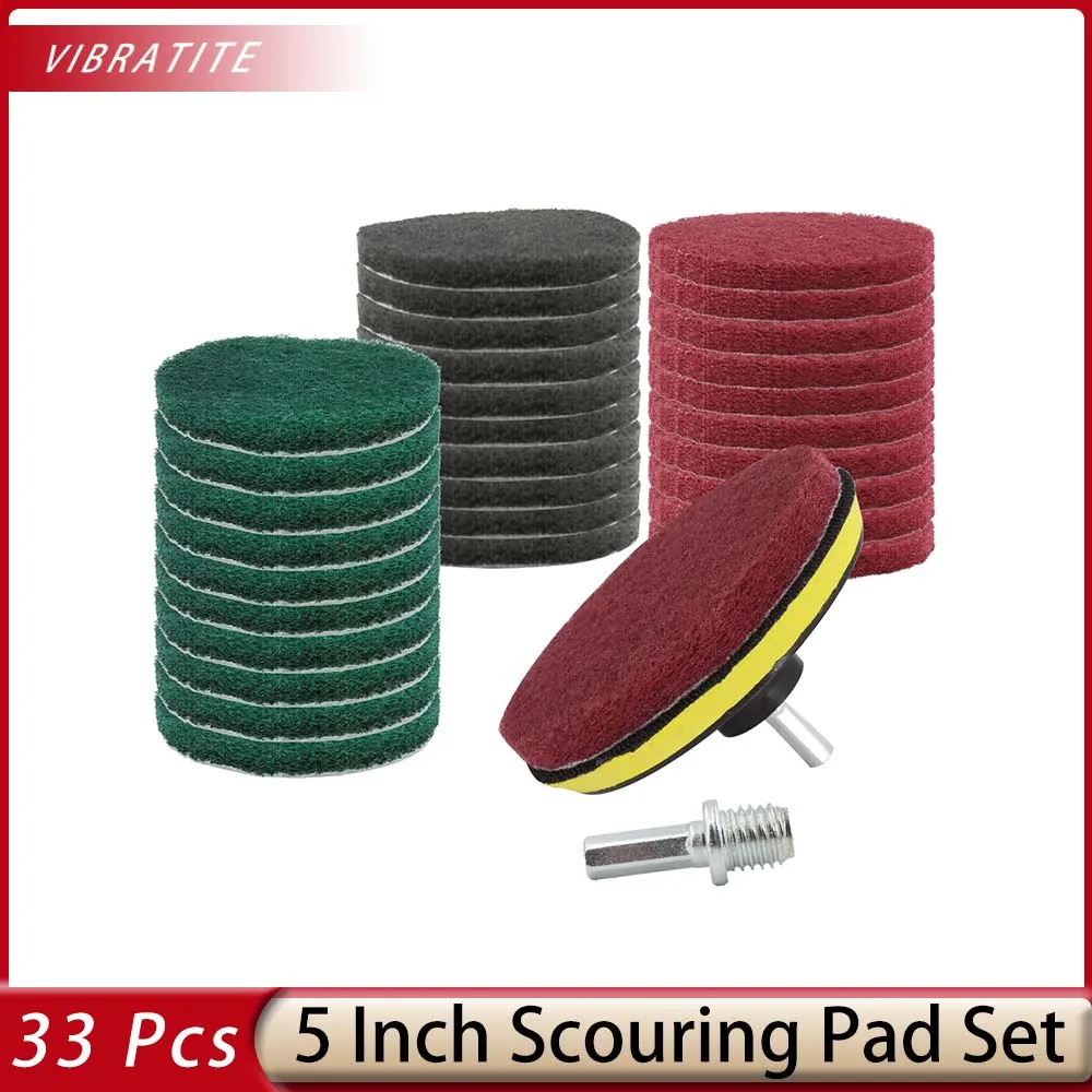 33 Pcs 5 Inch Drill Brush Set Power Scrubber Scouring Pads Household Cleaning Kit with Hook and Loop Backing Pad Holder