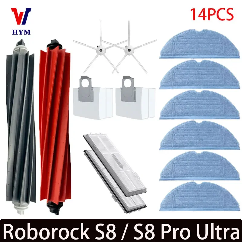 For Roborock S8 S8 Pro Ultra S8+ Robot Vacuum Spare Parts Main Side Brushes Mop Cloths HEPA Filters Dust Bags Accessories