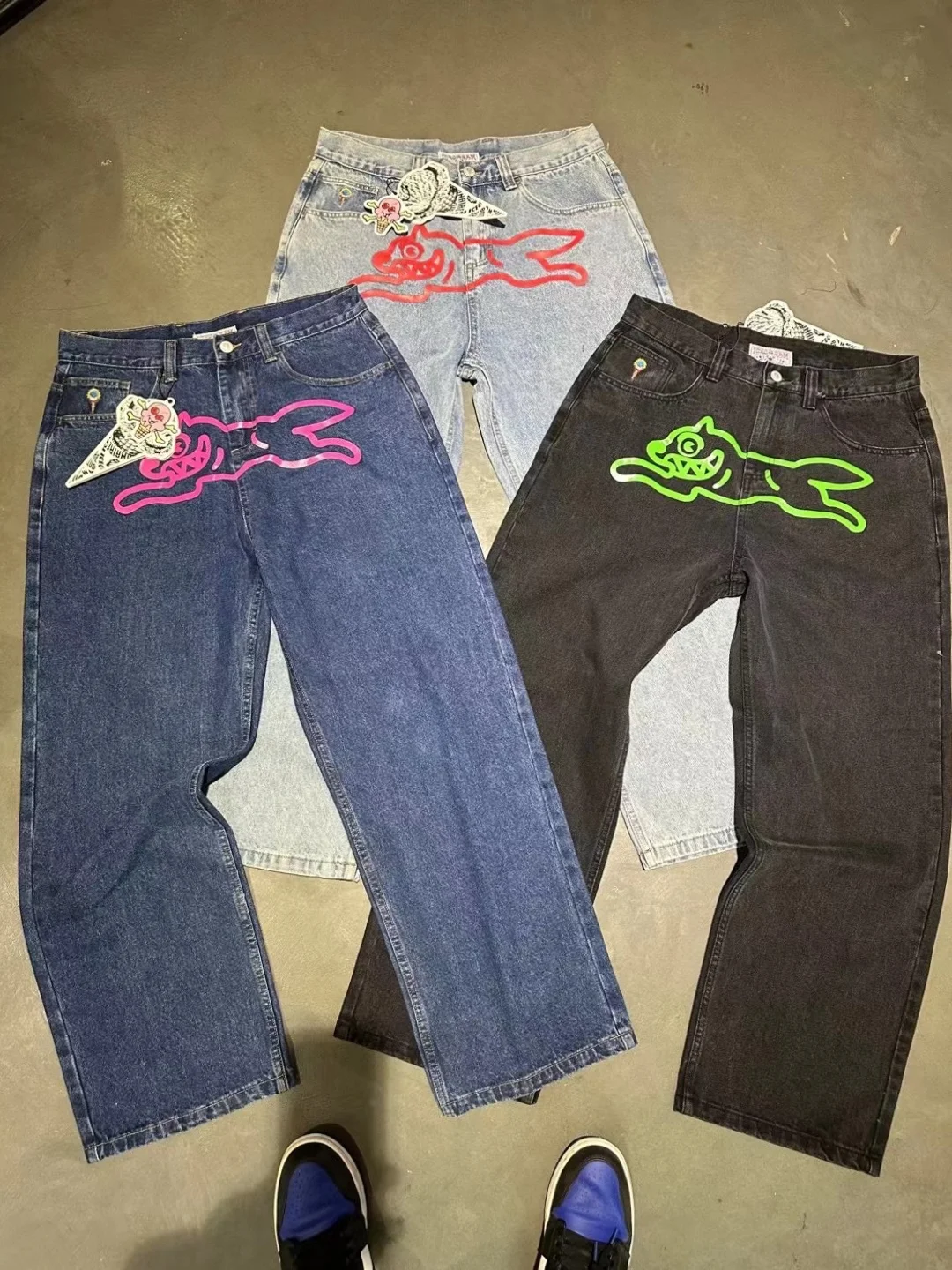 

ICECREAM Fly Dog Printed Men Straight Denim Pants Loose Fit YKK Zipper Casual Denim Jeans Pants Trousers