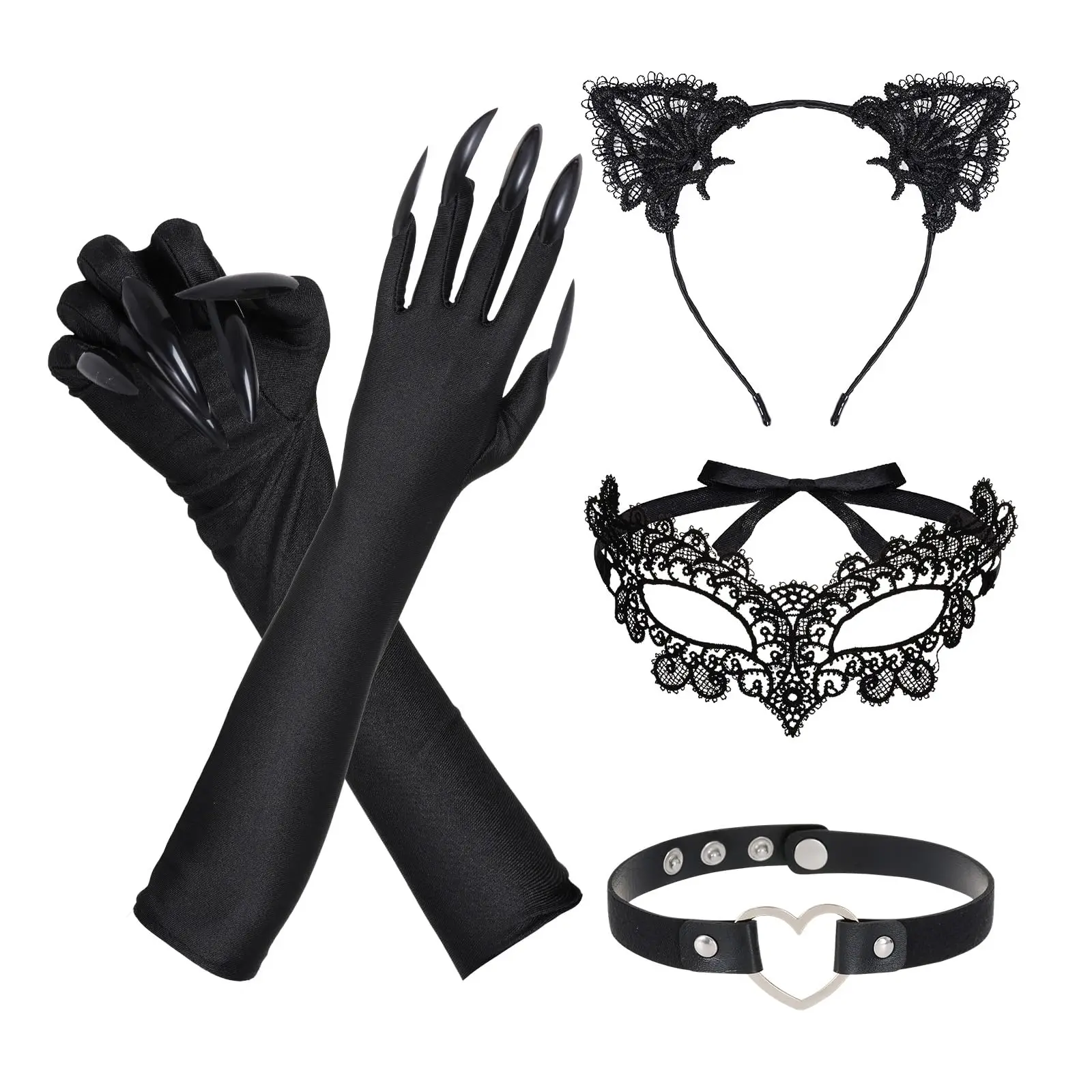 Black Cat Costume Accessories Halloween Prop Cat Claw Glove Costume Paw Gloves Long Fingernails Masquerade Mask Lace Ears Heart Choker Necklace Stage Performances Theme Nights