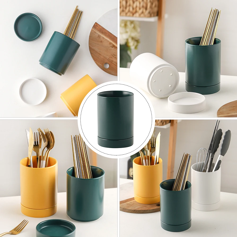 

1Set Bamboo Fiber Chopstick Holder with Drainage Holes Non-Slip Base for Forks Spoons Utensil Storage Kitchen Organizer