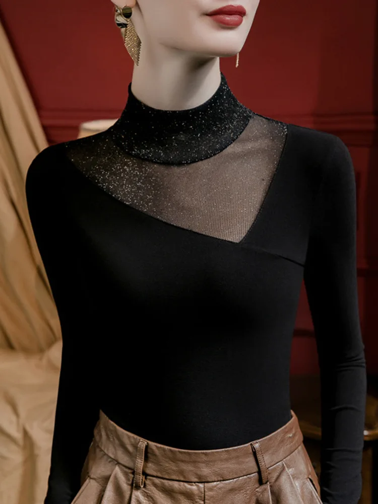 Bright Silk Spliced Half High Neck Brushed Base Shirt Women, Slim Fit 2025 New Item, Interior For Autumn And Winter Sexy Top