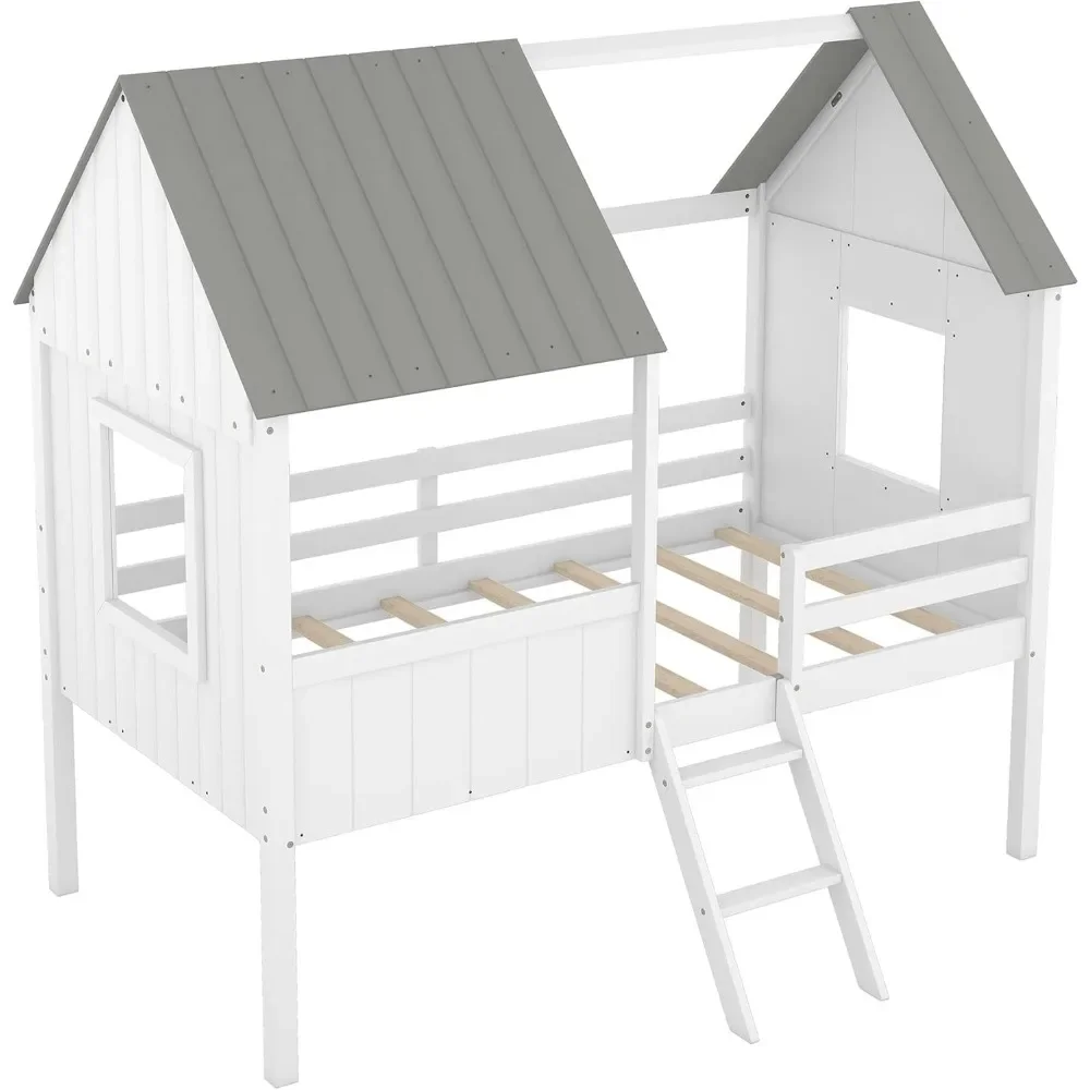 

Kids House Beds, Low Loft Bed Frames Twin Size, Wood Play House Bed for Girls/Boys/Toddlers, White with Gray, Children Beds