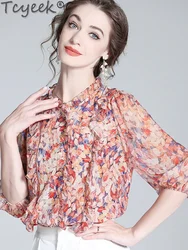 Tcyeek 100% Real Mulberry Silk Women Shirt Elegant Women's Shirts High-end Summer Clothes 2024 Womens Tops Print Рубашка Женская