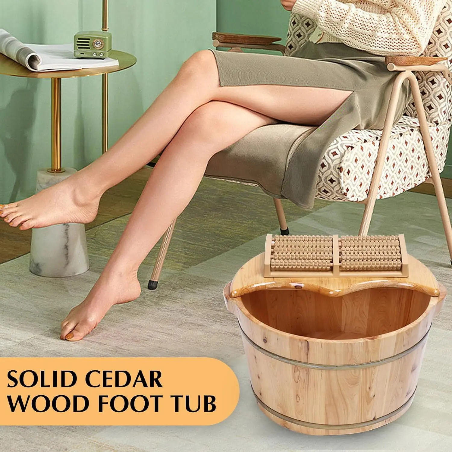 Foot Basin Foot Bath Bucket Foot Massage Plus Cover Plate with Massager Wood Bucket