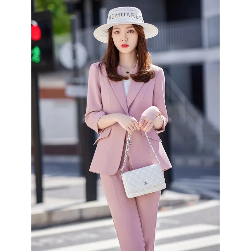 Summer Women Pant Suit Business Coat Work Wear Pink Blue Khaki Black Office Ladies Half Sleeve Blazer+Trouser Formal 2 Piece Set