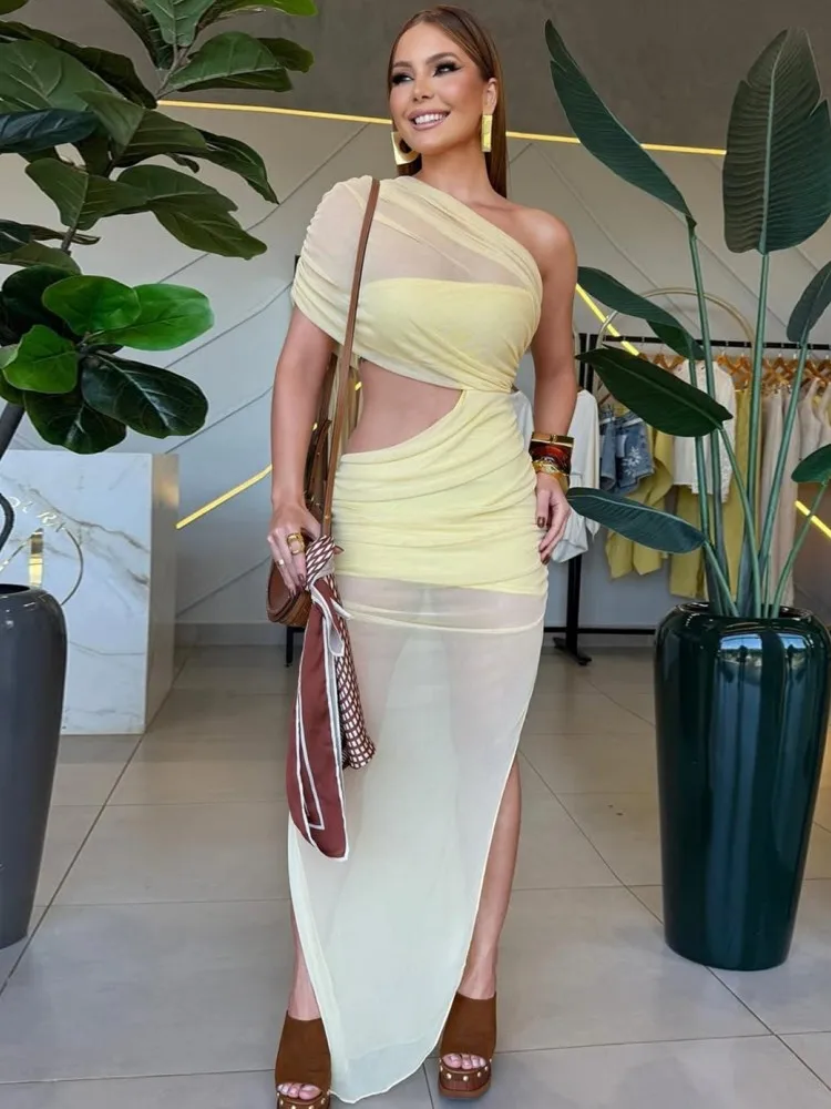 فستان طويل بكتف واحد للنساء صيفي بأكمام قصيرة بدون ظهر وحاشية شبكية منتصف الليل فساتين ماكسي ضيقة للحفلات