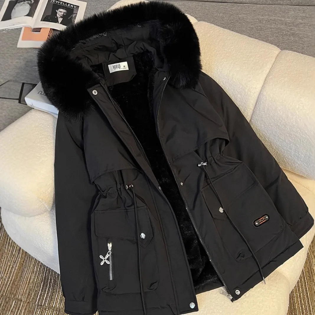 Korean Style Women's Loose Thicken Solid Color Casual Trendy Simple Basic Long Sleeve Fur Collar Hooded Quilted Coats Female Top