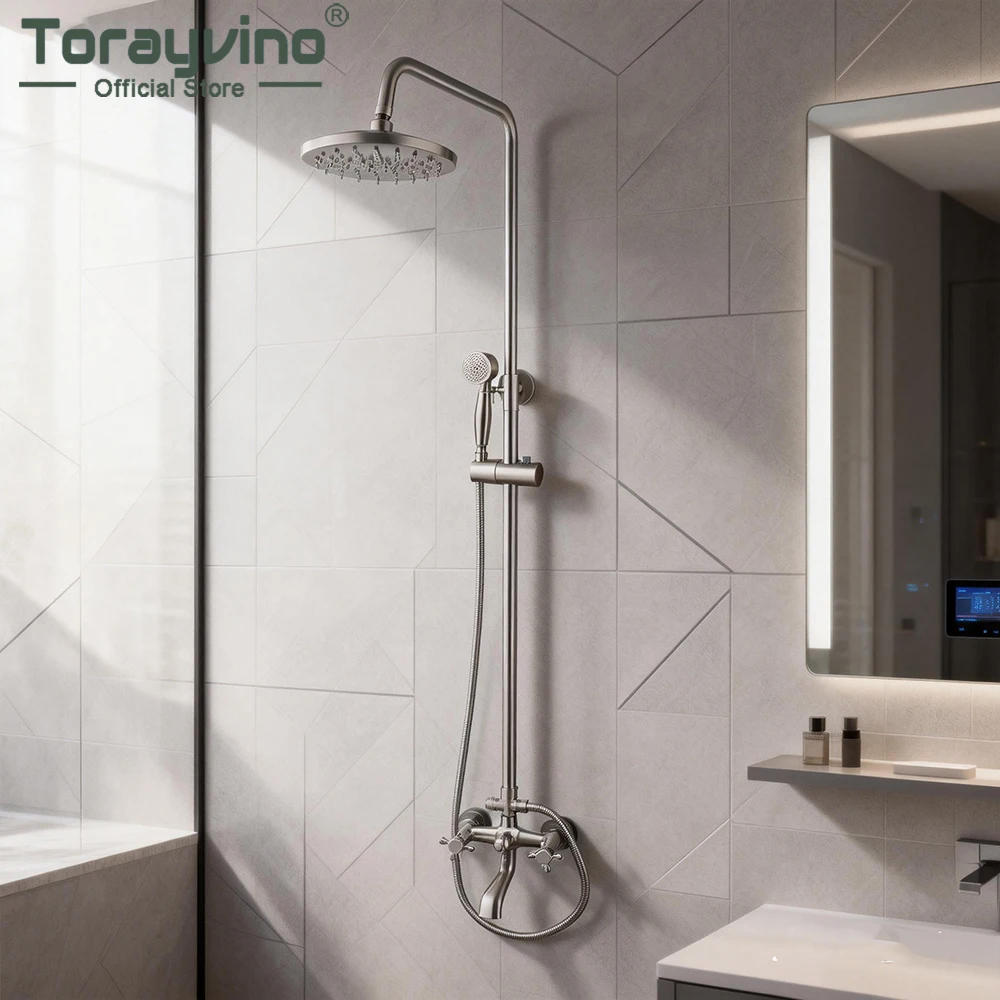 Torayvino Bathroom gold Shower Faucet Set system rain shower Hand column 3 Functions Modern Bathtub Mixer Water Tap Swivel Spout