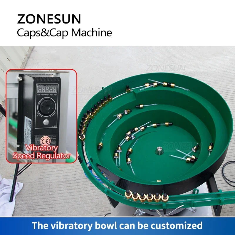 ZONESUN-máquina taponadora automática de botellas de vidrio con cuentagotas, aceite esencial de esmalte de uñas, alimentador de tapa vibratoria personalizable, ZS-XG16E
