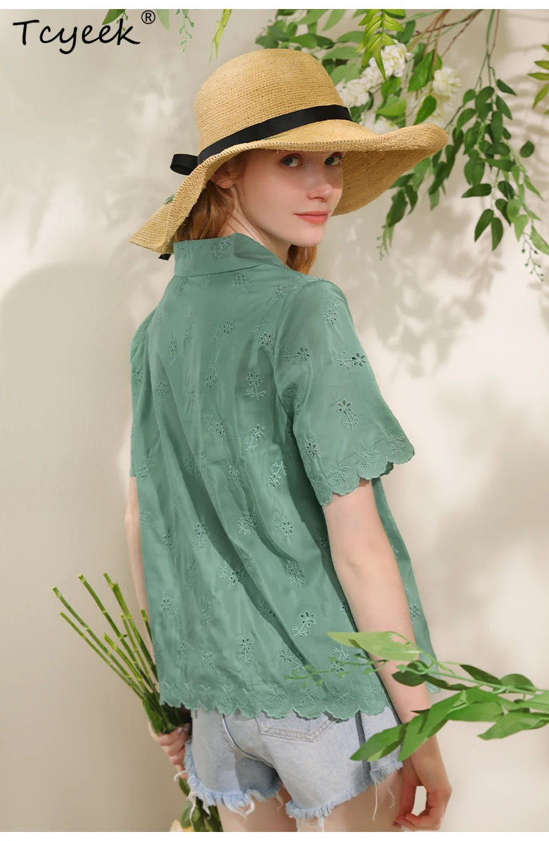 

Tcyeek, 30%Natural Silk Elegant Shirt, Women Short Sleeve Notched Neck, OL Fashion Embroidery Blouse, Summer Autumn T47144QM