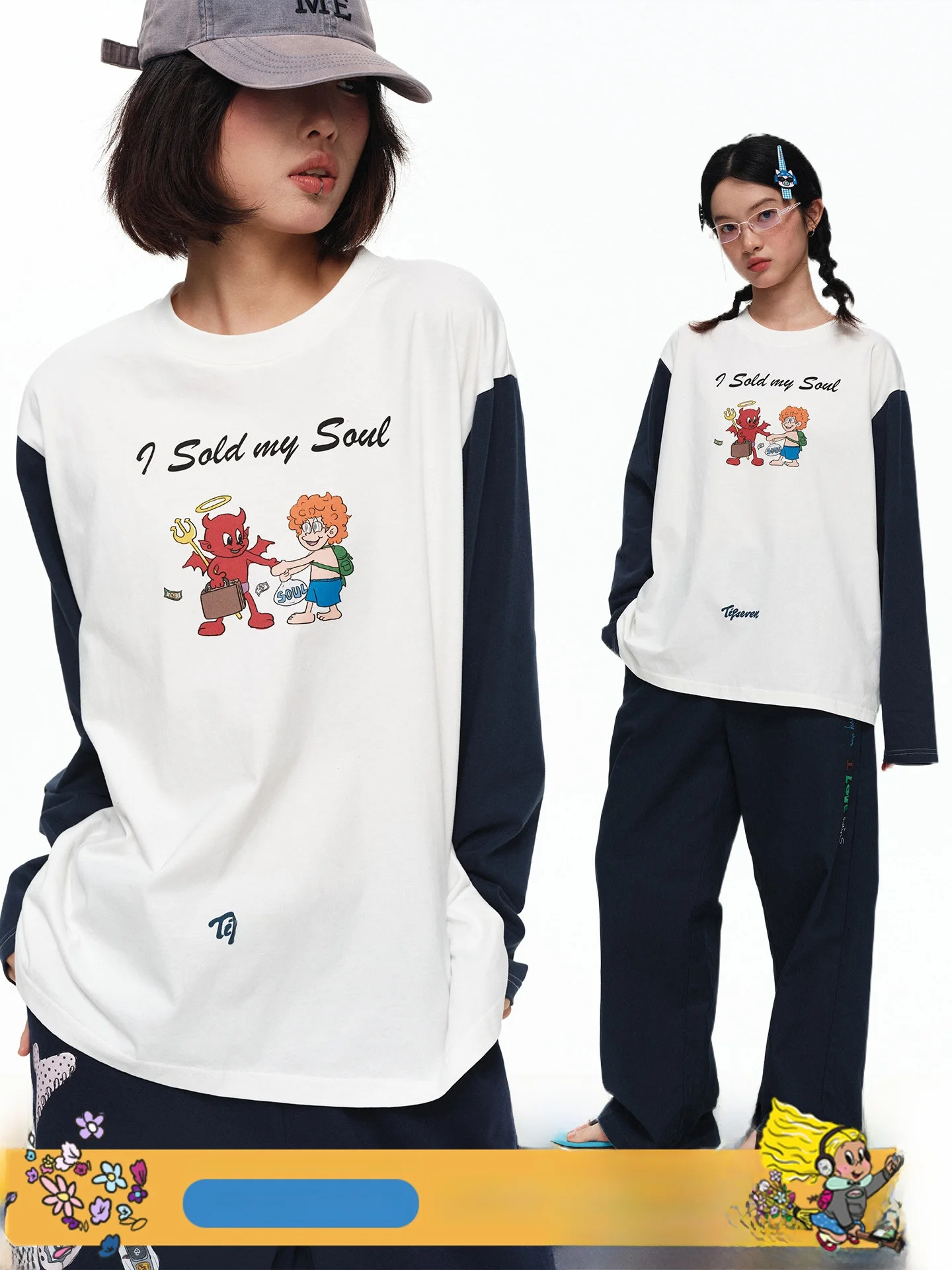 TIPSEVEN Original Design Loose Fit Long Sleeve T-Shirt Women's Vintage Contrast Color Cartoon Print Shoulder Insertion Cotton...