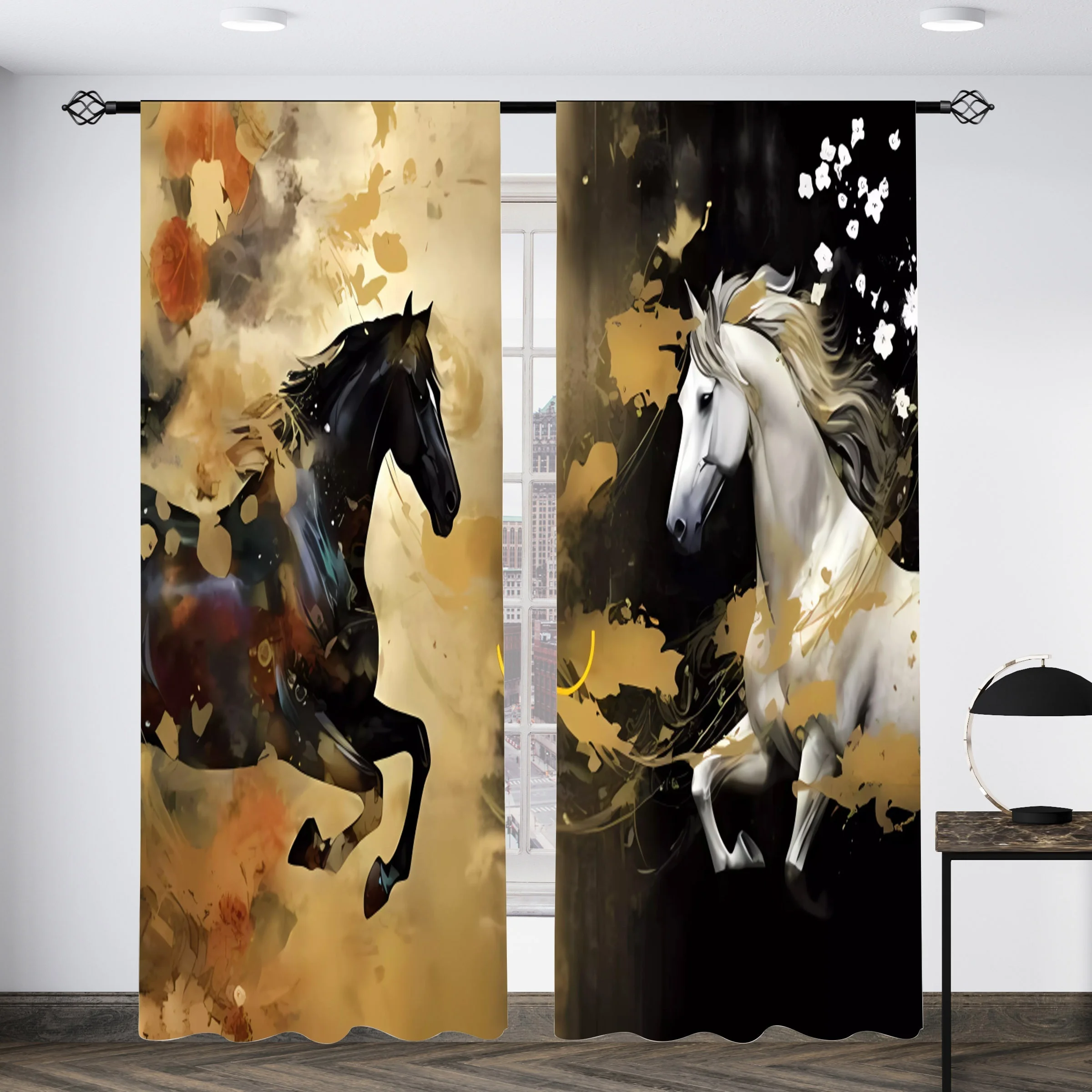 Abstract Horse Art Curtains Gold Black Drapes Modern Luxury Window Curtains Elegant Boho Living Room Bedroom Home Decor
