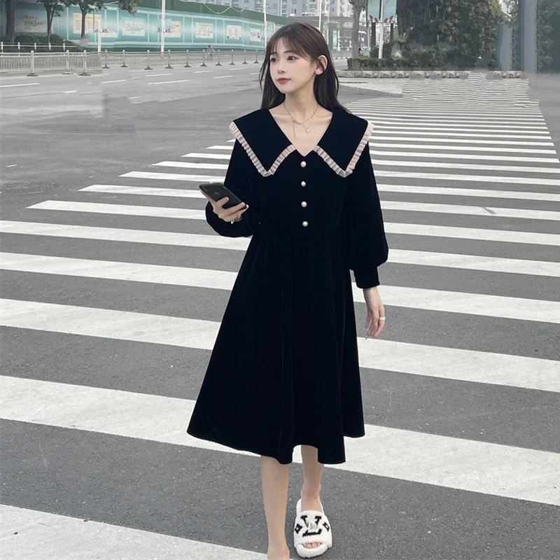 

Черный кукольный топ во французском стиле, платье Pleuche, нишевое ранняя осень, модное модное платье, элегантная новая женская одежда