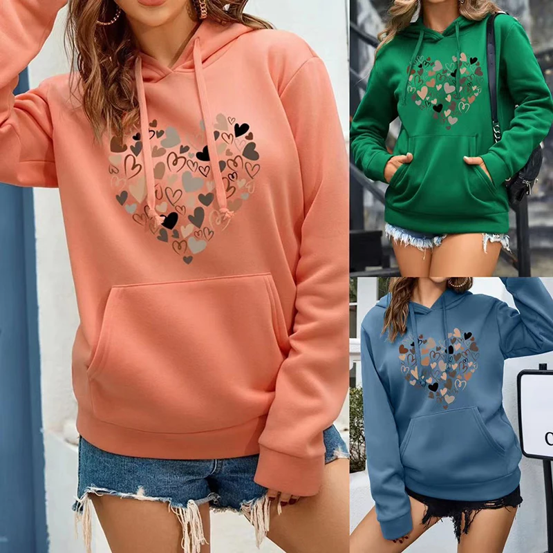 Women Casual Hoodies Autumn Winter Love Print Long Sleeve Drawstring Pocket Hooded Fashion Elegant Casual Commute Female Hoodies