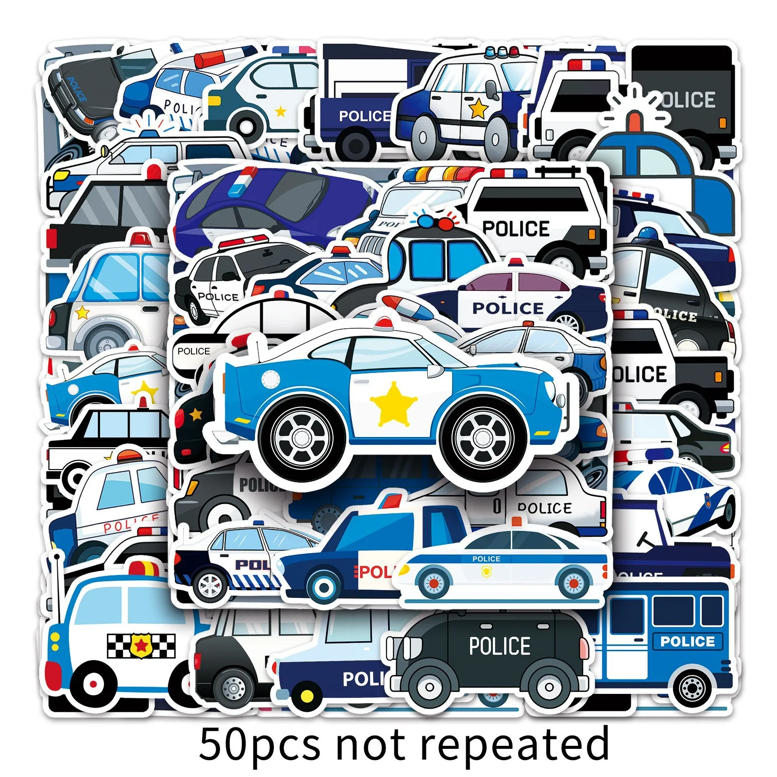 50pcs Children\'s Toys Police Car Cartoon Car Trunk Graffiti Scooter Computer Tablet Decoration Waterproof Sticker