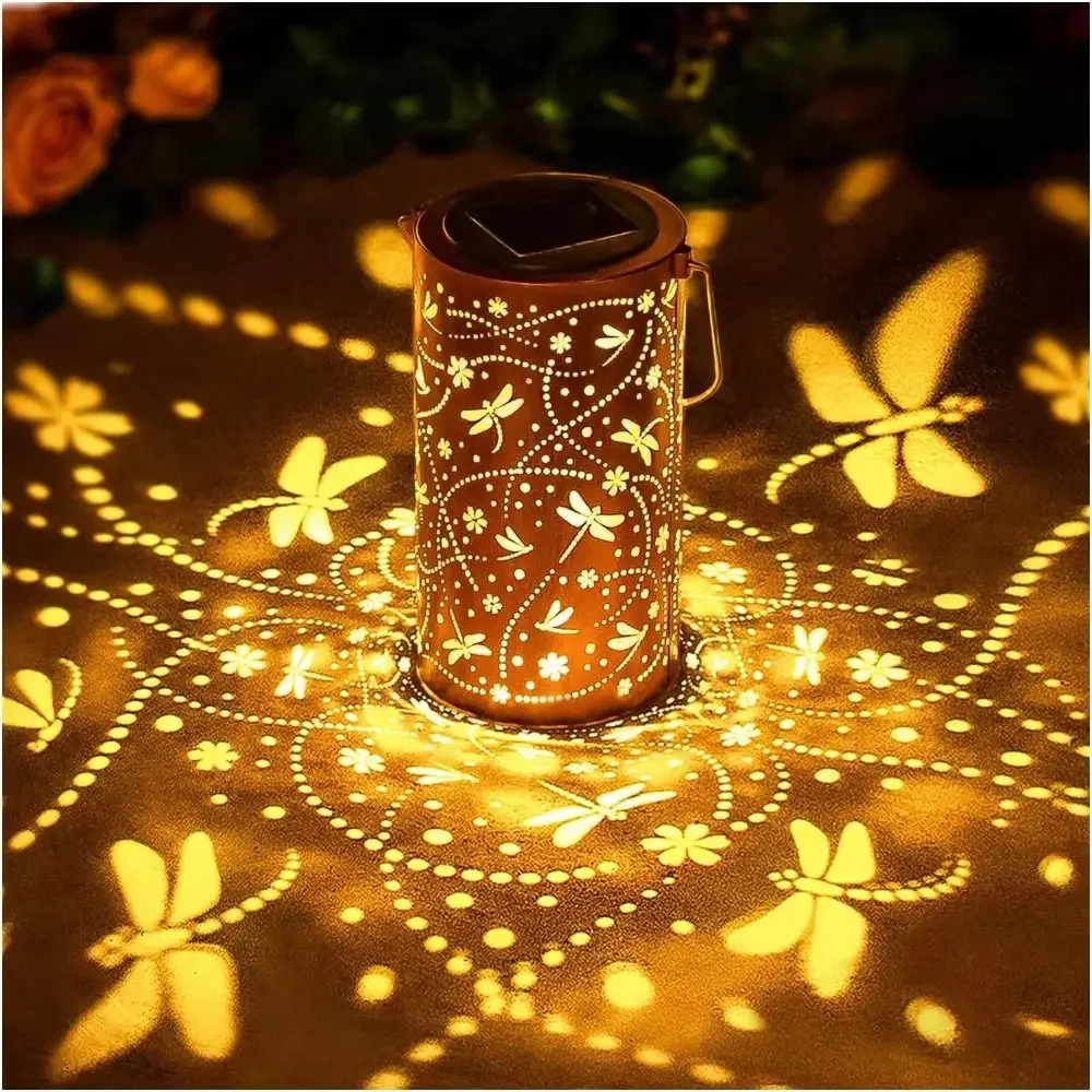 Solar Wind Chime Lamp with Handle Vintage Butterfly/Flower Hanging Solar Lanterns Solar Powered Portable