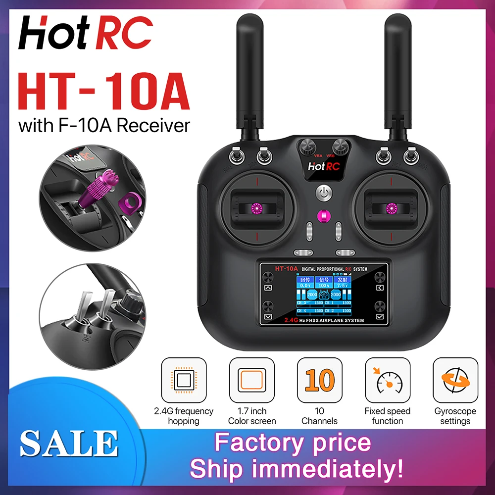 Transmisor HOTRC HT-10A RC 10CH 2,4G pantalla de 1,7 pulgadas con receptor de F-10A para aviones modelo RC barcos coche Drones Robots DIY
