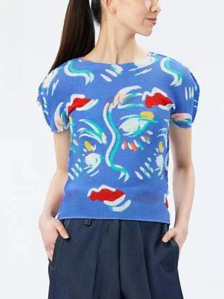 

Fashion Casual Matching Pullover Round Neck Printed Slim Comfortable Short Sleeve Pleated Women's T-Shirt 2025 Summer New