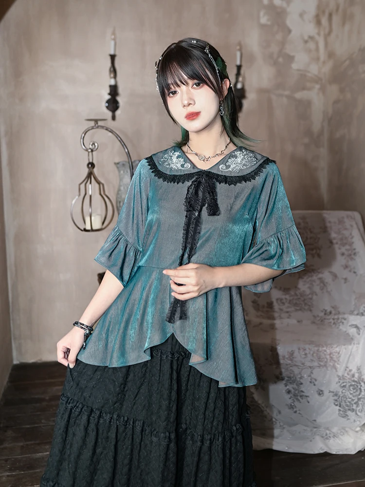 Embroidered Doll Collar Polarized Color Chinese Style Top Blouse Women's New Summer Design Irregular Lace Single-breasted Shirt
