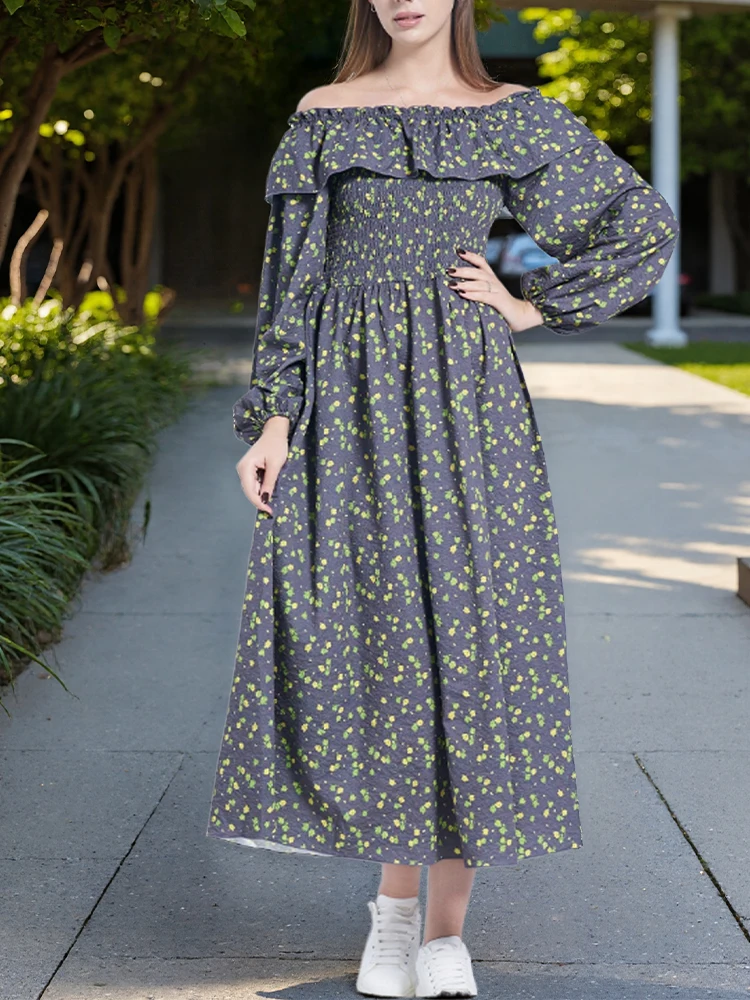 

Boho Flower Print Dress Women Off Shoulder Long Sleeve Spring Summer A Line Dress Ladies Sweet Long Sundress Party Dresses