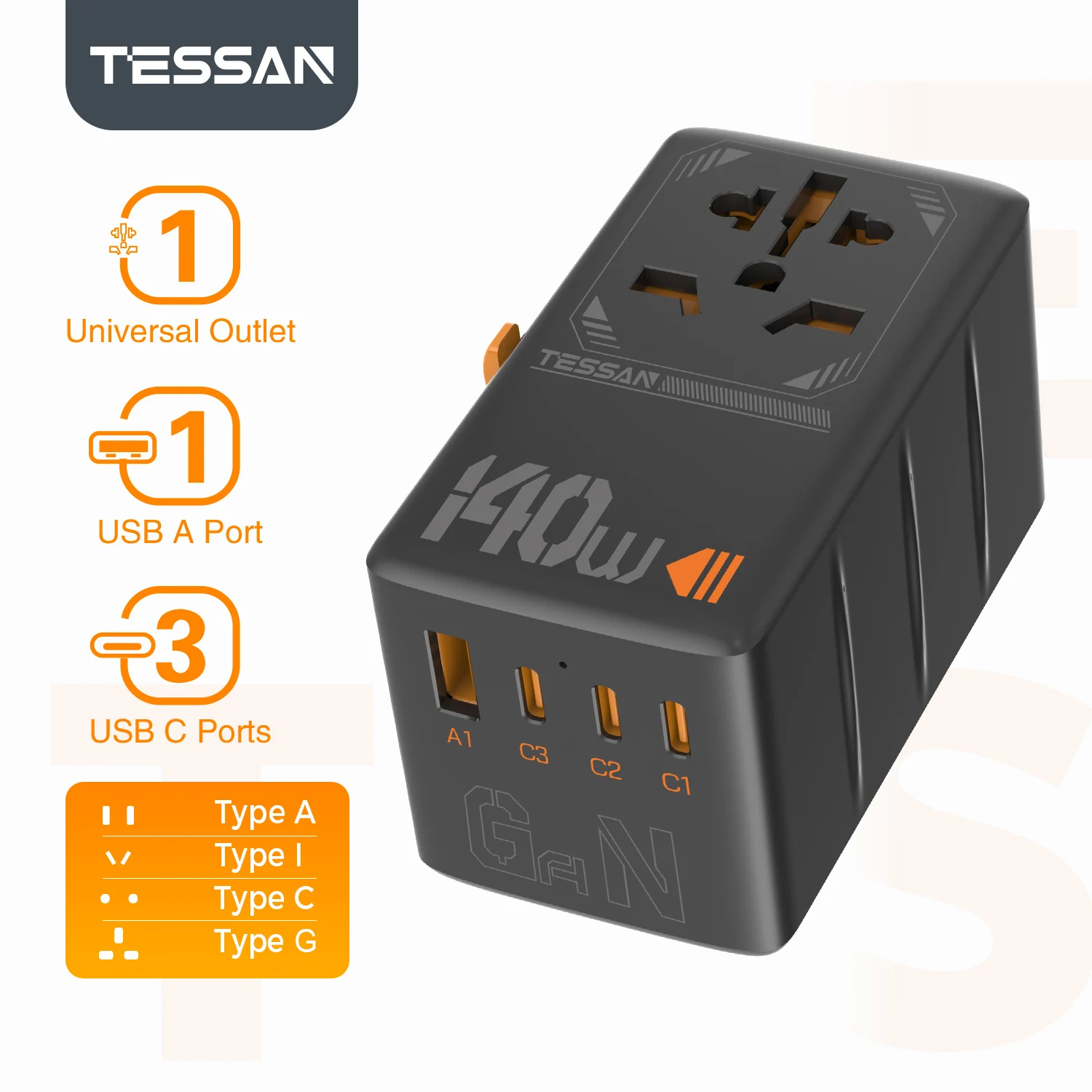 TESSAN 140 W 100 W 65 W 35 W internationale stekkeradapter GaN reisadapter met universeel stopcontact 1 USB A 3 Type C snellader voor EU/UK/USA/AUS
