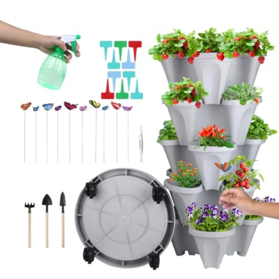 

Stackable Planter Vertical Strawberry Planter with Garen Tool Set Self Watering Garden Planter Indoor/Outdoor 5 Tier Herb Plant
