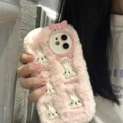 Luxury Pink white Rabbit Fluffy Fur phone case protection for iPhone 16 15 13 12 11 14 Pro Max 15 Plus Lovely Plush Coque