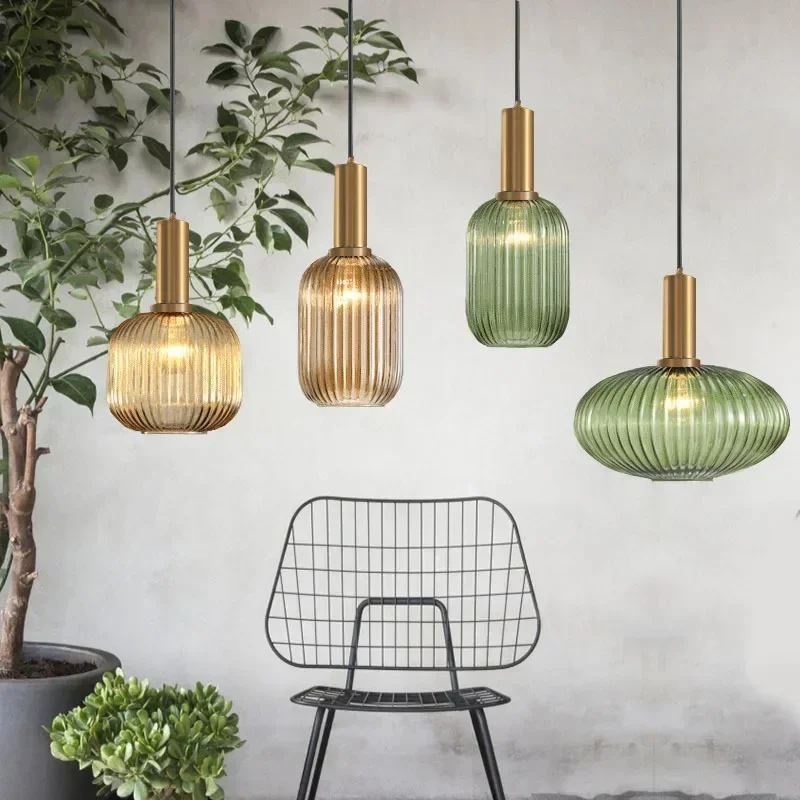 

Modern Nordic Striped Glass LED Pendant Lights Vintage Lantern Chandelier Pendant Lamp Dining Room Kitchen Bedside Hanging Lamps