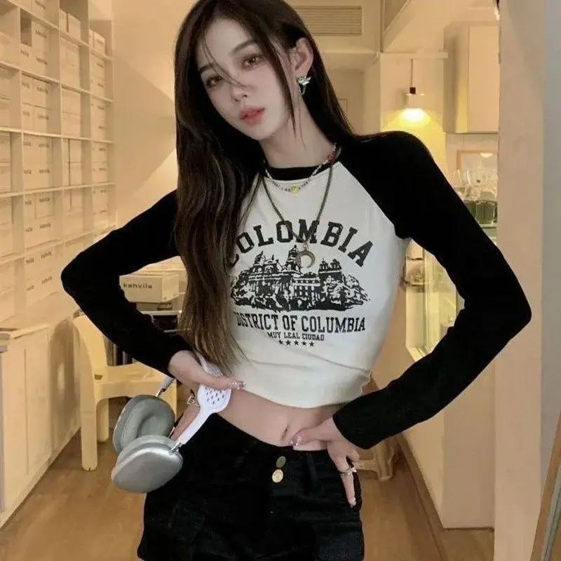 Spring and Autumn Personalized Print Long-sleeved Short Trendy Black Women Riding Motorcycle Personalized Sports T-shirt
