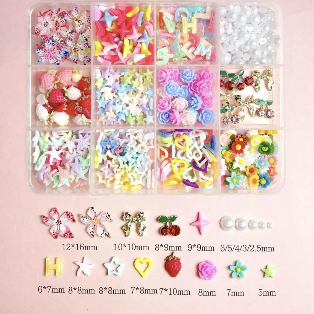 1Box Colorful Mini Star Flower Bow Nail Art Charms Simulated Strawberry Pumpkin Cute Bear Mixed Resin Nail Decorations for DIY