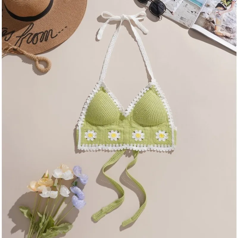 Sexy Bikini Crop Top Women Crochet Boho Beach Camisoles Bikini Bralette Halter Cami Knit Bra Backless Beachwear Tank Top 2024