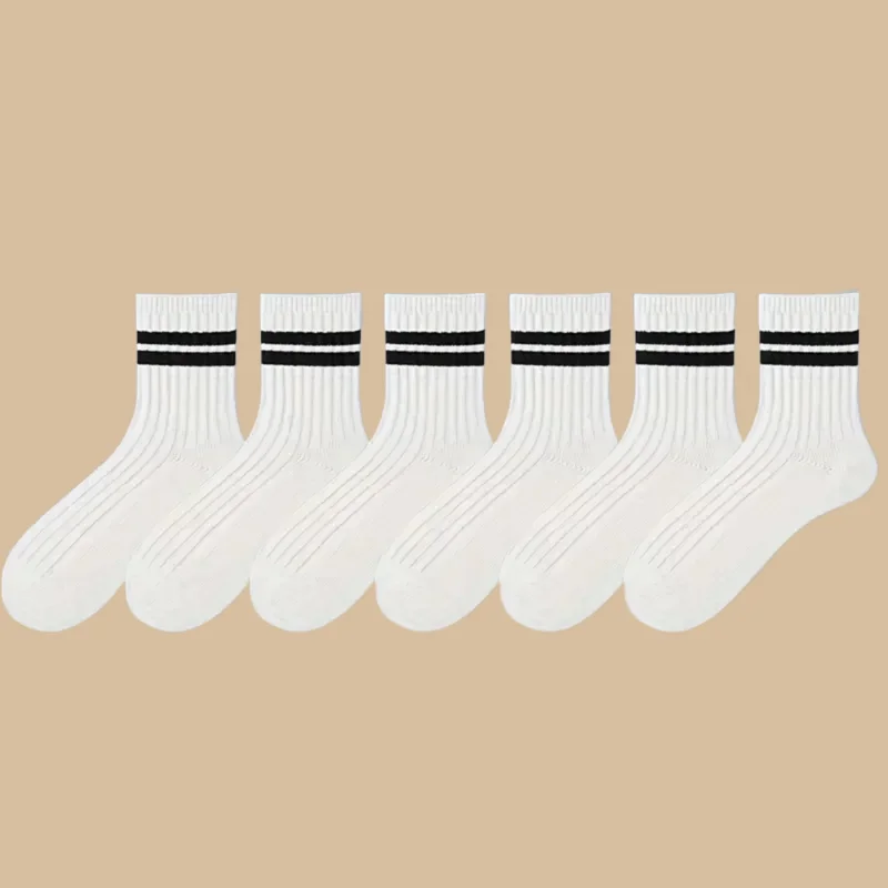 Chaussettes mi-tube respirantes à col rond pour hommes et femmes, chaussettes en coton de haute qualité, chaussettes simples à rayures noires et blanches, 6/12 paires