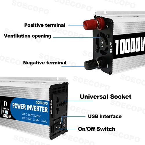 Imagen 2 del producto Inversor portátil de 10000W, 12V/24V/48V CC a 220V CA con salida Universal para sistema de respaldo Solar/RV/hogar con puerto USB y CE