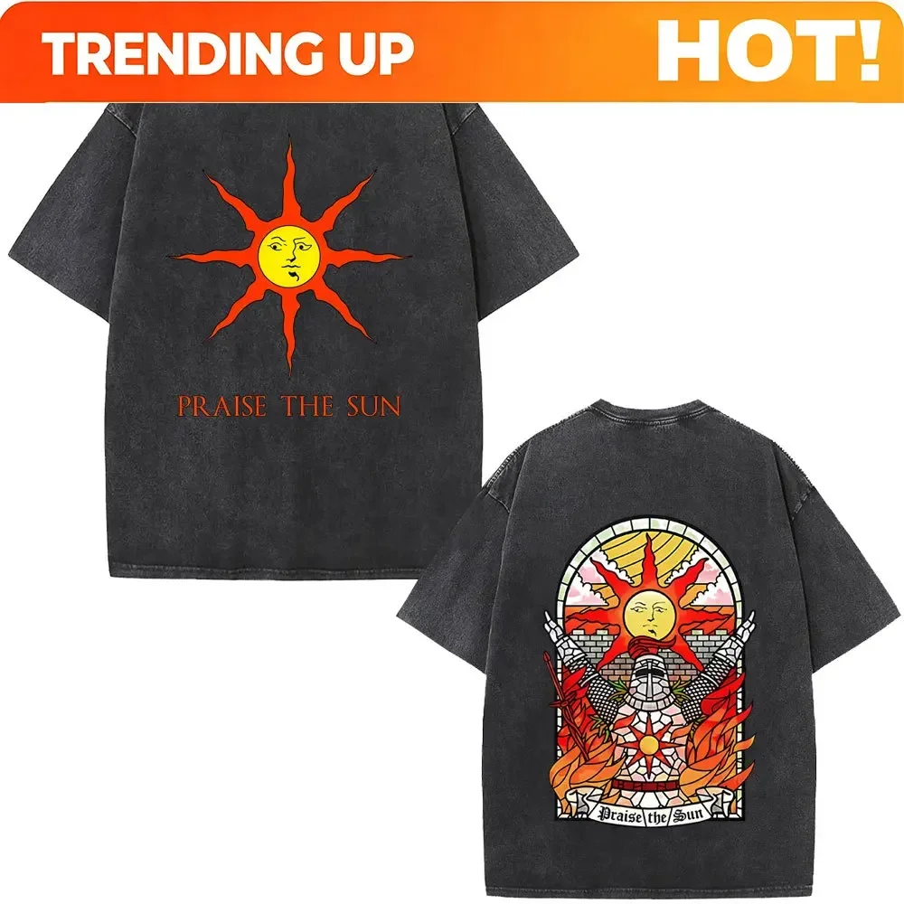 Customization Shirt Game Dark Souls Praise The Sun Washed Vintage T-shirt Men Women Gothic Rock T-shirts Men's Casual Cotton Sho