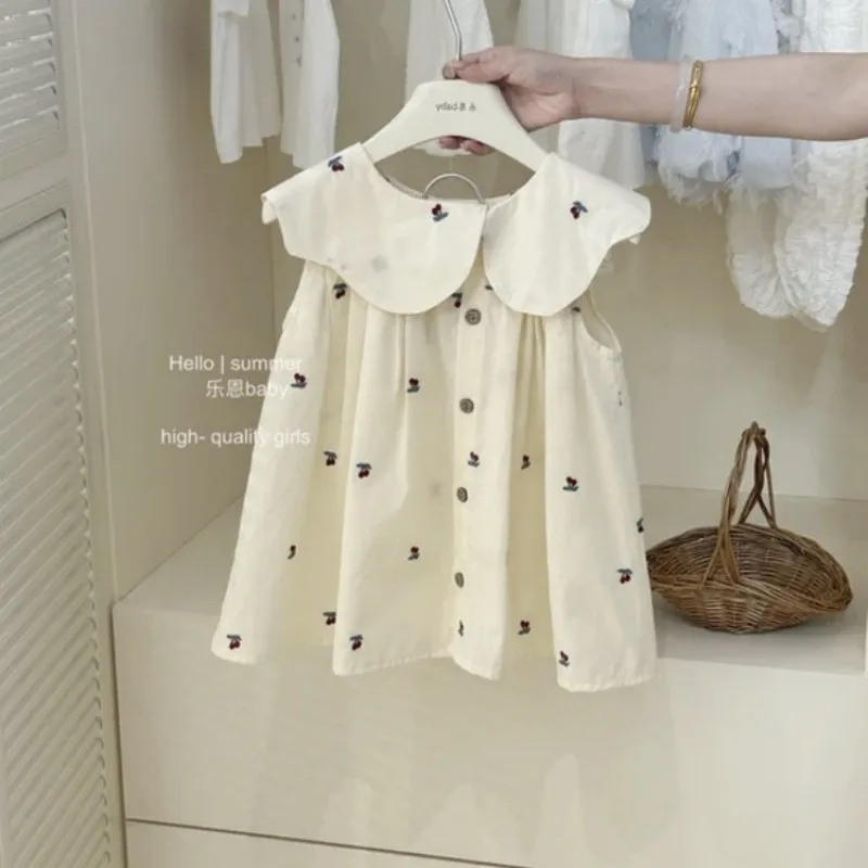 

Girls Summer Embroidered Dress Baby Doll Collar Tank Top Skirt A-Line Loose Fashion Children's Clothing