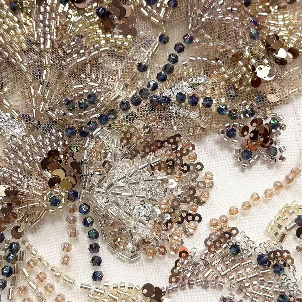 Luxury African net embroidered beaded Lace Fabric 2025 French Nigerian sequined lace fabric lady gown wedding sewing gown