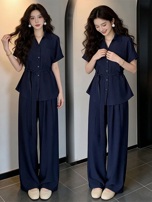 

Loose Feel Pure Color Women's Summer 2026 Fashion Set Wide Leg Pants Shirt Two-Piece Suit Casual Style High Waist Buckle Design