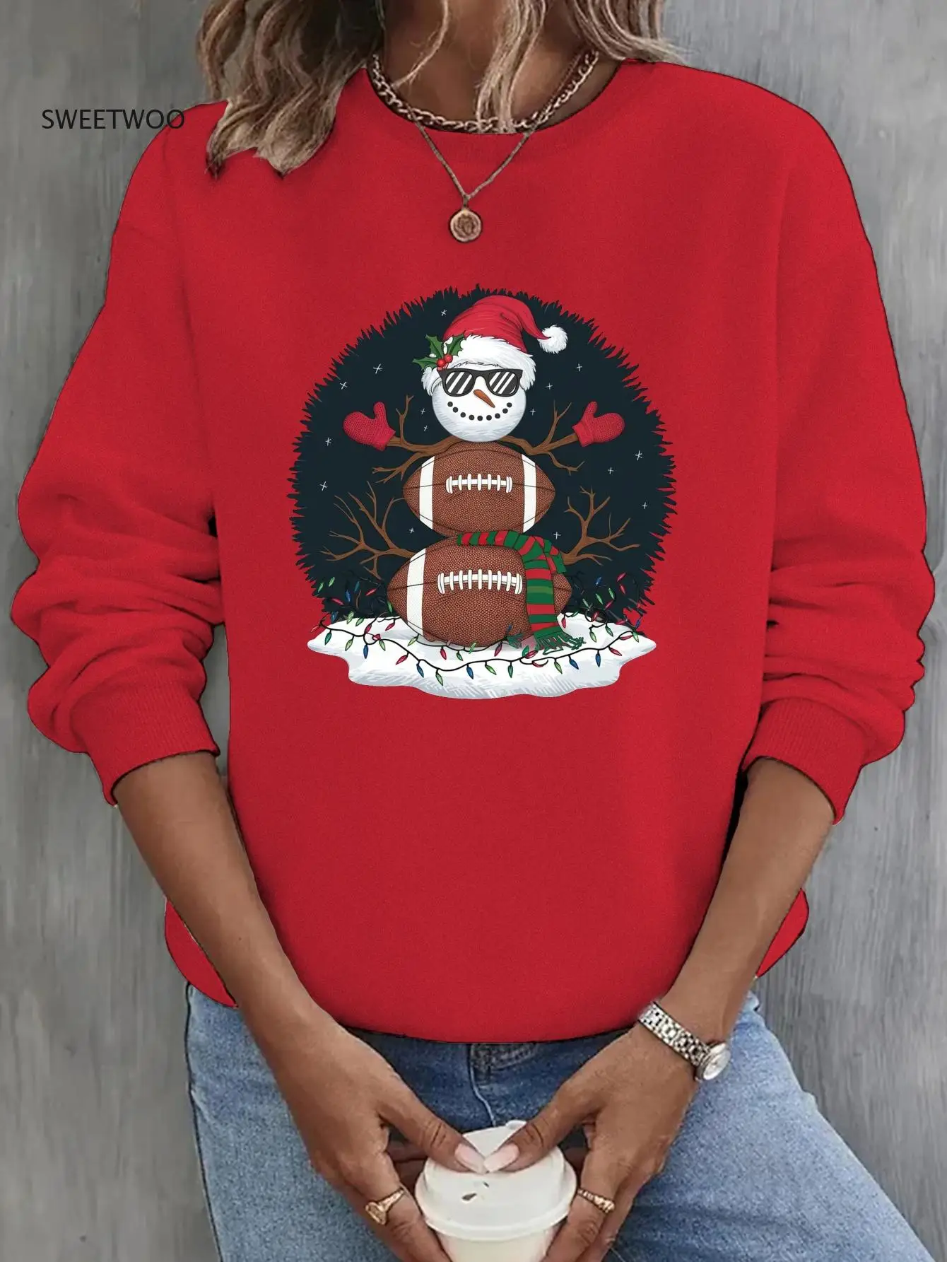 

1Pc Women's Casual Crew Neck Sweatshirt with Geometric Snowman Football Print, Polyester Knit Fabric, Fall/winter Fashion Top