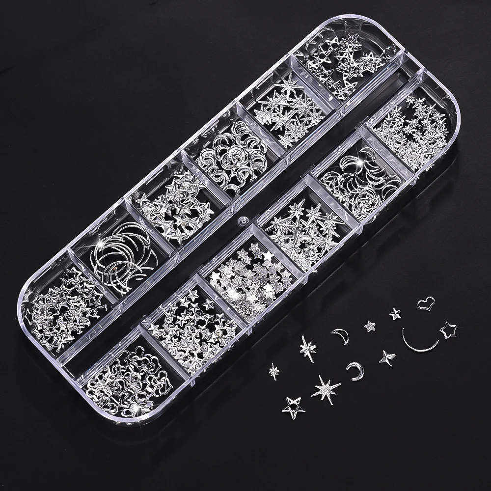 12Grids 3D Silver Rivet Studs Moon Star Starlight Nail Charms Metal Hollow Star Heart Nail Slices 3D Flat Back Alloy Nail Decor