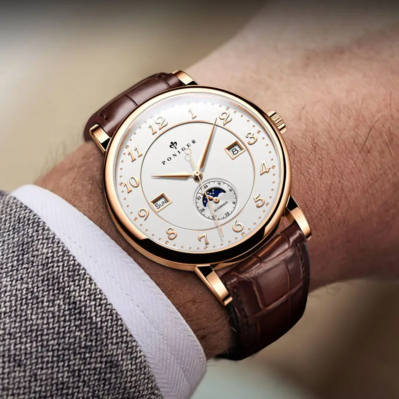 PONIGER Men's Watch New Automatic Mechanical Top Brand Luxury Fashion Watch Stainless Steel Waterproof Multifunction Men's Watch