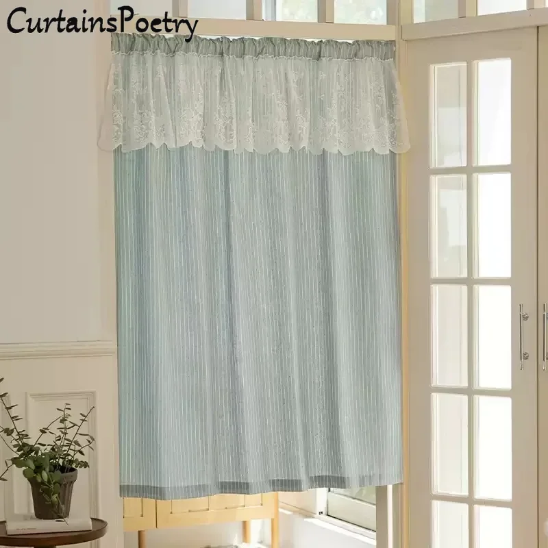 

Blue Striped Door Curtains Lace Kitchen Valances Farmhouse Country Rustic Pinstriped Light Filtering Rod Pocket Window Treatment